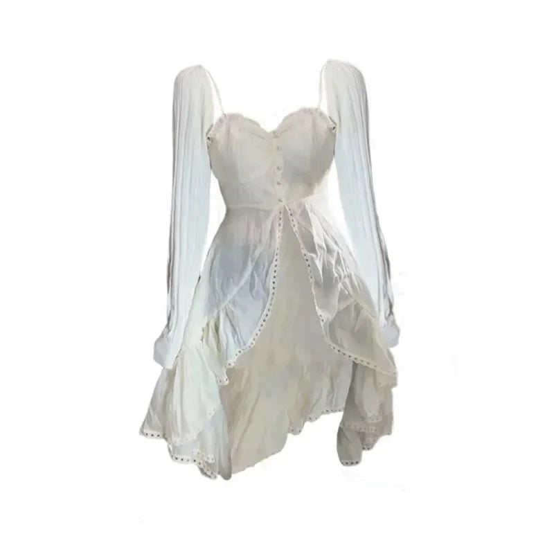 Voguable 2000s Vintage Y2k Clothing Korean 2 Piece Skirts Sets Women Casual Y2k Crop Top Blouse + Strap Mini Dress Japanese Beach Party voguable