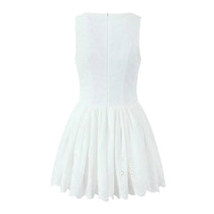 New Women Hollow Out Embroidery White Tank Dress Sleeveless V Neck Low Waist A-line Mini Dresses Summer Cotton Robe voguable