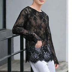 Voguable Man Lace T-shirt New Hollow Long Sleeve Bottoming Shirt Fashion Casual High Street Solid Color Men's Wear voguable