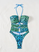 Voguable Sexy Green Leopard Print Gradient Swimwear Women Hollow Out Bandage Cross Holiday Bathing Suit One Piece Swimsuit Monokini voguable