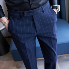 Men's Striped Suit Pants Elastic 2024 Autumn New Social Casual Trousers Slim Fit Suit Pants Business Office Wedding Men Clothing voguable