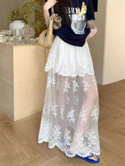French Elegant Lace Midi Skirts Women Summer New Chic Patchwork Mesh Y2K Female High Waist Jacquard All Match A Line Skirts voguable