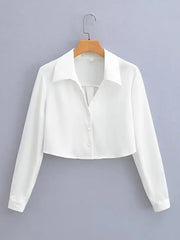 Voguable New Fashion Women Solid Cropped Satin Shirt Vintage Long Sleeve Front Button Female Blouse High Street Chic Tops voguable