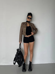 WOMENGAGA Stand Collar Jacket Leather Short Coat Women Autumn New Straight Tube Slim Short Motorcycle Jacket Korean Sweet D8FN voguable