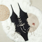 Voguable Black Cross String Lace-up Swimwears Women One Piece Sexy Swimsuit Hollow Out Monokini Deep V Neck Bandage Bathing Suit voguable