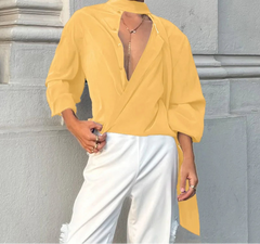 Fashion Men Shirt Solid Color Stand Collar Long Sleeve Male Shirt With Belt Streetwear 2025 Oversize Casual Men Clothing voguable