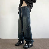 Mens Straight Leg Jeans Elastic Waistband Drawstring Comfort Fit Denim Casual Trousers Adjustable Waist Relaxed Fit voguable