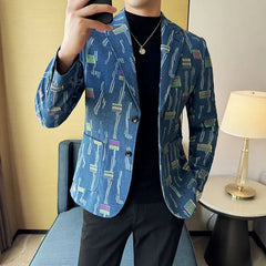 Voguable Autumn Men's Suit Jacket Blazer Fashionable High-end Luxury Jacquard Denim Casual Suit Business Social Tailcoat 4XL-M voguable