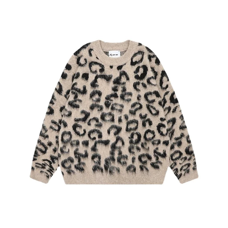Voguable Mohair Sweaters Men Fleece Leopard Korean Thicken Warm Knitting Winter Loose Casual Long Sleeve Pullovers Streetwear voguable