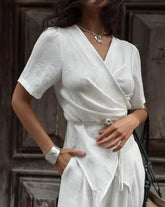 Voguable Spring/Summer New Women's Fashion Style Commuter Irregular Hem Sleeve White Waist Top and Pants Two Piece Set voguable