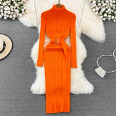 Ins Hot Turtleneck Sexy Wrap Hips Knitted Dresses Women Autumn Winter Long Sleeve Bodycon Sweater Dress with Belt voguable