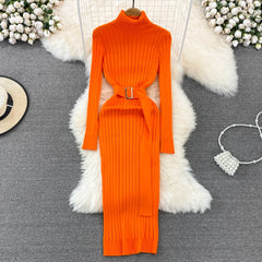 Ins Hot Turtleneck Sexy Wrap Hips Knitted Dresses Women Autumn Winter Long Sleeve Bodycon Sweater Dress with Belt voguable