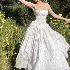 French Elegant Flower Prints Camis Dress Women Summer Sexy Spaghetti Strap A Line Dress Lady Fashion Slim Pleated Party Vestidos voguable