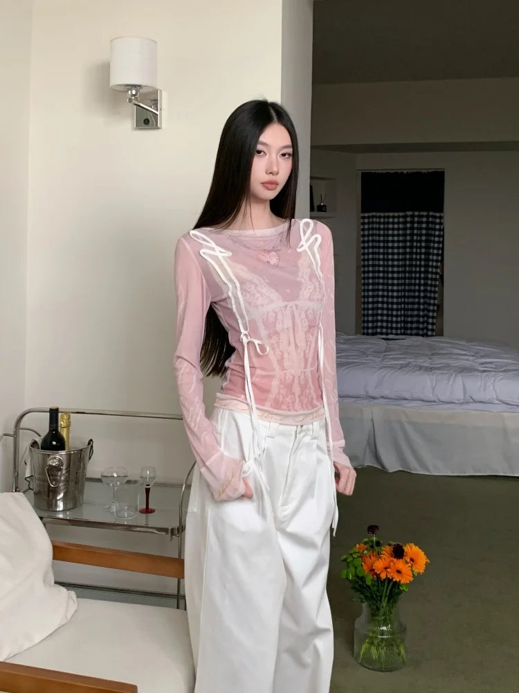Designer Pink Long Sleeve T Shirt For Woman Fall 2025 Lace Print Funny Tees Cute Mesh Top Kawaii Clothes voguable