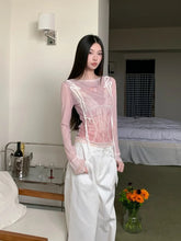 Designer Pink Long Sleeve T Shirt For Woman Fall 2025 Lace Print Funny Tees Cute Mesh Top Kawaii Clothes voguable