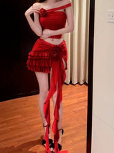 Voguable 3D Floral Sexy Y2K Red Two Piece Women Cropped Top and Tassel Ruffles Mini Skirts Matching Sets Summer Fashion Club Outfits voguable