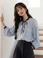 Sweet Retro Blue Blouse Women Elegant Long Sleeve Japan Shirt Fall Loose Preppy Style Ruffles Lace Up Vintage Lady Tops New voguable