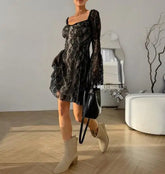 Voguable Autumn black sexy design with lace hollow out temperament square neck bubble sleeves slim fit lace up dress for women voguable