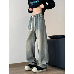 Men's Jeans Elastic waist pull rope Korean Fashion Spring Straight Denim Pants Washed Cotton Retro Wide Leg Jean Trousers