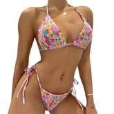 Voguable Women Swimwear 2024 Summer Floral Print Halter Neck Padded Bra and Low Waist Briefs Two Piece Bikini Set Beachwear voguable