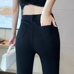 Voguable Star Hot Diamond Bead Imitation Denim Black Leggings Women Spring Summer New High-waisted Slim Tassel Micro-flare Trousers voguable