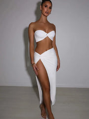 Sexy Strapless Hollow Out Women Dress White Sleeveless High Slit Dress Female Autumn Skinny Elegant Party Clubwear voguable