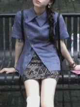 Voguable Japanese Elegant Retro Blue Plaid Shirts Women Loose Short Sleeve Blouses Summer Korean Chic Blusas Mujer 2000s Vintage Y2k voguable