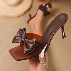 Voguable Summer PVC Transparent Butterfly-knot Square Toe Slippers Women Fashion Thin Heels Party Slide Shoes voguable