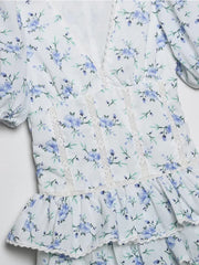 New Women Fashion Lace Embroidery Trims Floral Print Dress Vintage Puff Sleeve Female Sweet Layered Ruffle Mini Dresses