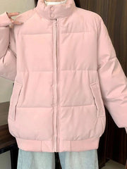 Preppy Style Sweet Pink Parkas Women Vintage Long Sleeve Winter Thick Warm Cotton Jacket Casual Stand Collar Loose Outwear voguable