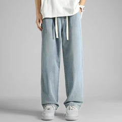 Streetwear Men's Clothing Jeans Loose Straight Casual Fashion Baggy Denim Trousers Solid Color New Korean Drawstring Men Pants voguable