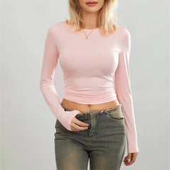 y2k Crop Tops Women Spring Autumn Solid Color Round Neck Long Sleeve Tshirt 2000s Tees Casual Clothing Streetwear voguable