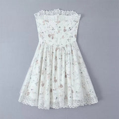 YENKYE Sweet Women Lace Patchwork Floral Print Mini Strapless Dress Front Bandage Summer Holiday Party Robe Birthday Dress Sexy voguable