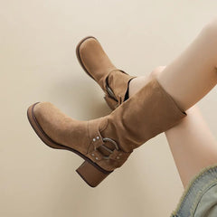 Women Mid-Calf Boots Cow Suede Leather Thick Heels Retro Square Toe Mature Office Lady Buckle Shoes Woman Autumn Winter Boots voguable