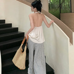 Voguable 2024 Summer New Streetwear Contrast Color Striped Loose Casual Wide Leg Pants Women + Backless Sexy Camisole Two-piece Suit voguable