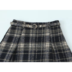 French Style Retro Plaid Mini Skirt Women Vintage High Waist With Belt A-line Spring Skirts