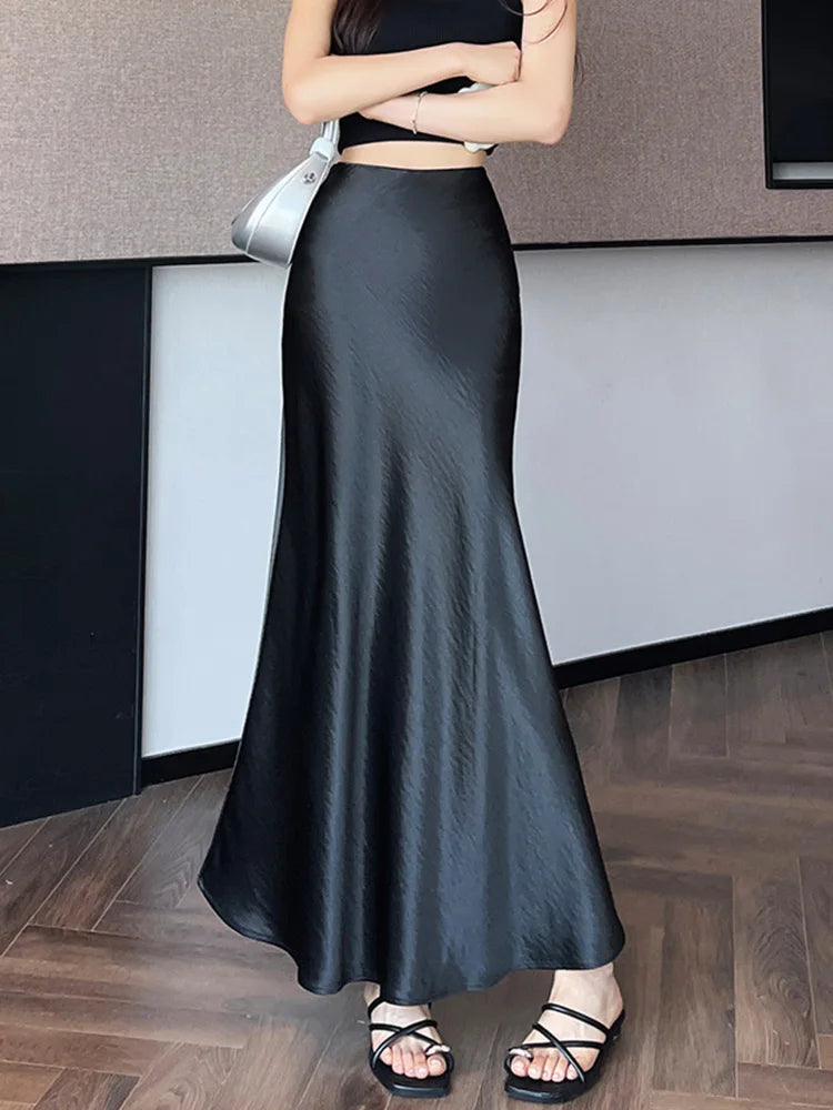 Chic Satin Elegant Long Skirt Women Casual Fashion High Waist Sweet Trumpet Skirts Slim Summer Female Korean Long Skirts voguable