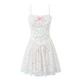 French Style Princess Sexy Spaghetti Straps Mini Dress Women Floral Print A-line Holiday Sweet Dresses Party Robe Short