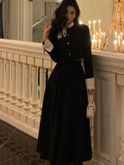 Women Elegant Korean 2 Piece Set Autumn Trend Lace Up Single Breasted Blazer Hight Waist Skirt Suit Office Lady Black Outfits voguable