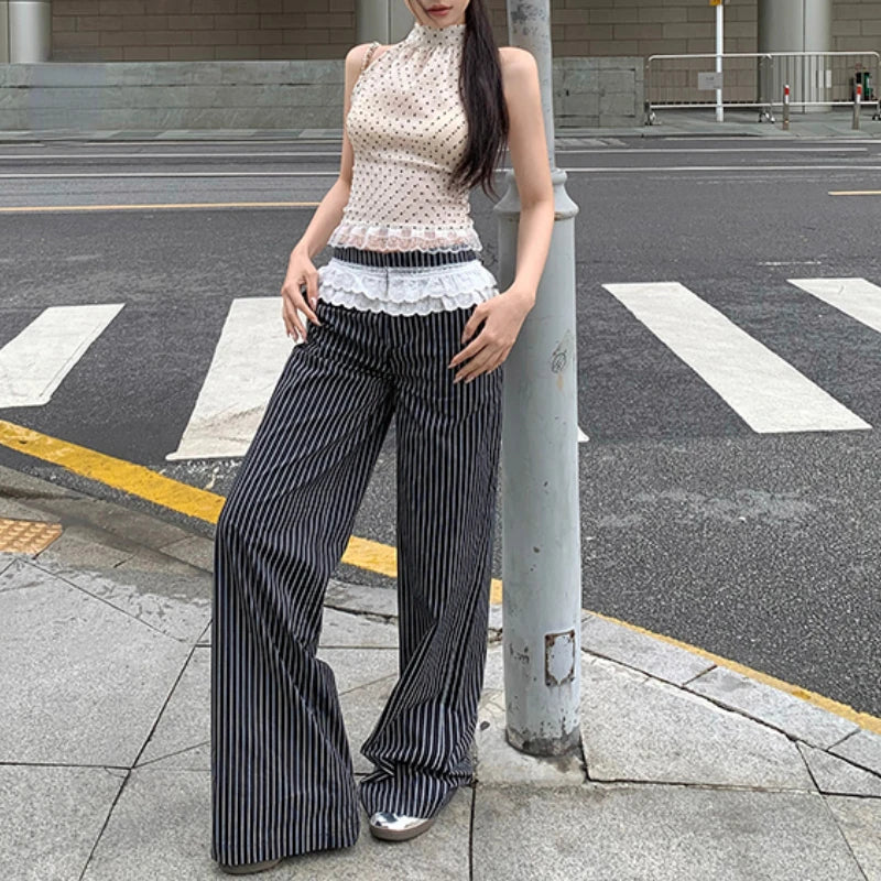 Voguable 2024 Summer New Streetwear Polka Dot Lace Patchwork Sexy Camisole Women + Contrast Color Striped Wide Leg Pants Two-piece Suit voguable