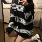 Voguable Autumn Stripe Sweatshirt Women Thin Sweatshirt Streetwear Women Harajuku Oversize Pullovers Korean Fashion Long Sleeve Black Top voguable