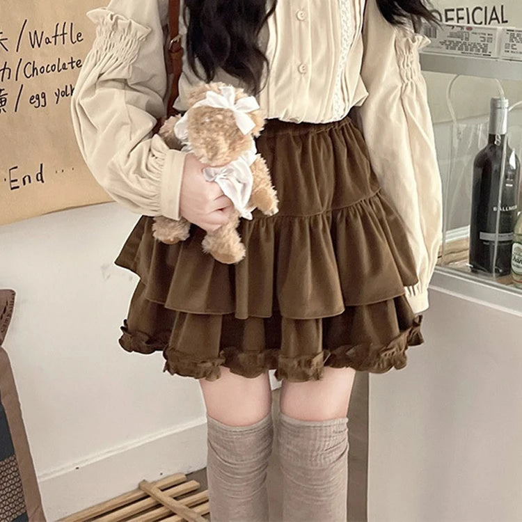 Voguable 90s Winter Ruffle Brown Kawaii Lolita Pleated Skirt Women Fairy Y2k Mini Skirt Female Korean Fashion Cute Mini Cake Casual Skirt voguable