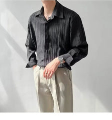 Black Apricot White Long-sleeved Shirt Men Fashion Social Mens Dress Shirt Korean Loose Casual Pleated Shirts Mens Formal Shirt voguable
