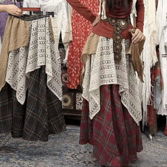 Asymmetrical Prairie Chic Bohemia Sweet Patchwork Panelled Plaid Women Autumn Winter New High Waist Casual Lace Aesthetic Skirts voguable