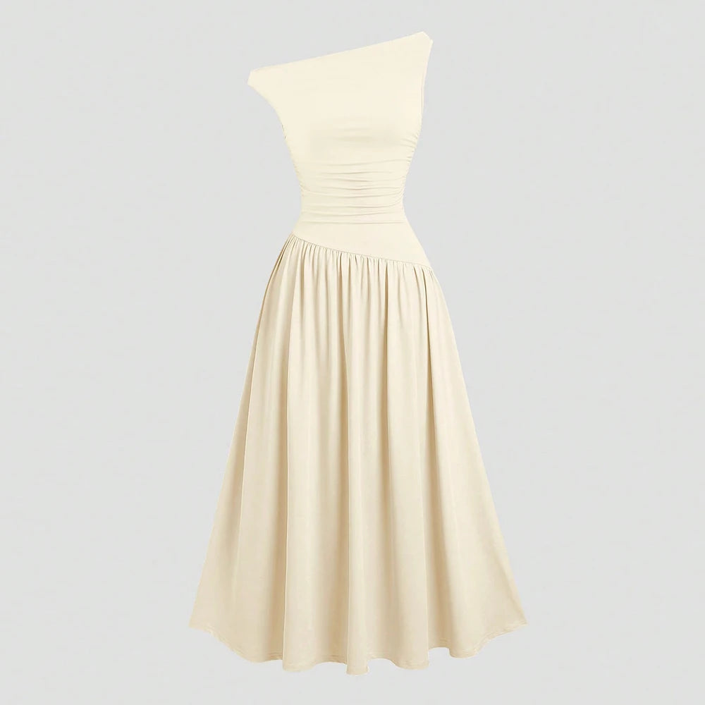 Dresses Summer French Plain Asymmetrical Folds Sleeveless One-Shoulder Draped Midi Basics Dresses For Women voguable