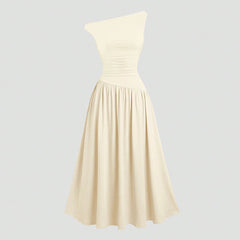 Dresses Summer French Plain Asymmetrical Folds Sleeveless One-Shoulder Draped Midi Basics Dresses For Women voguable