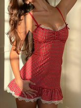 Voguable Sexy Lady Bodycon Mini Dress Plaid Thin Strap Patchwork Pleated Lace Trim Ruffle Slim Dresses Women Holiday Party Vestido voguable