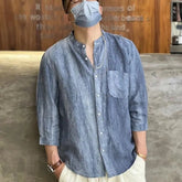 Voguable Spring Summer New Solid Color Fashion Round Neck Shirt Man High Street Three Quarter Button Cardigan Fiberflax Breathable Tops voguable