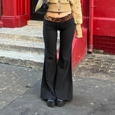 Voguable Vintage Leopard Print Low-waisted Patchwork Flared Pants Black Slim Stretchy Casual Basic Sweatpants Joggers Trousers voguable
