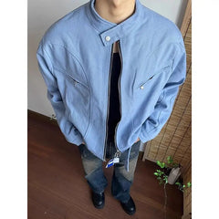 Punk Spliced Jacket High-end Blue Short Work Cargo Coat Men's Handsome Trendy Solid Color Zipper Jacket All-match Top voguable